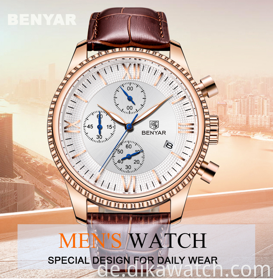 Top Luxusmarke Benyar Uhren Herren Armbanduhr Mode Sport Quarz Wasserdichtes Leder Herren Business Uhr Relogio Masculino